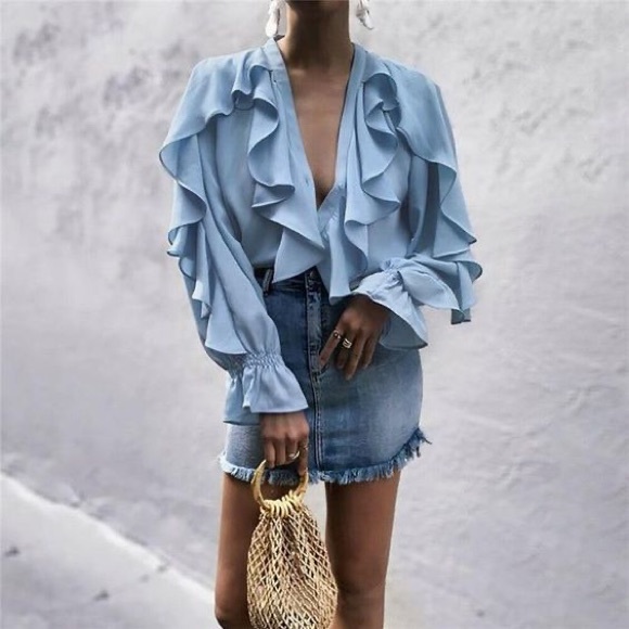zara blue ruffle blouse